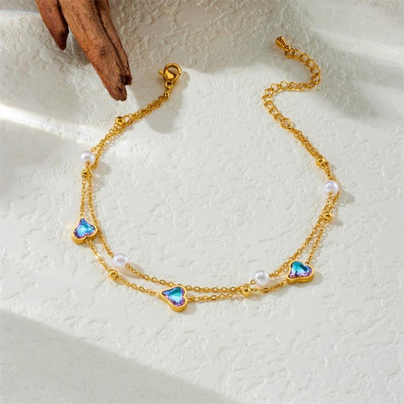 Gold Plated Stainless Steel Double Layer Heart CZ Pearl Bracelet For Women