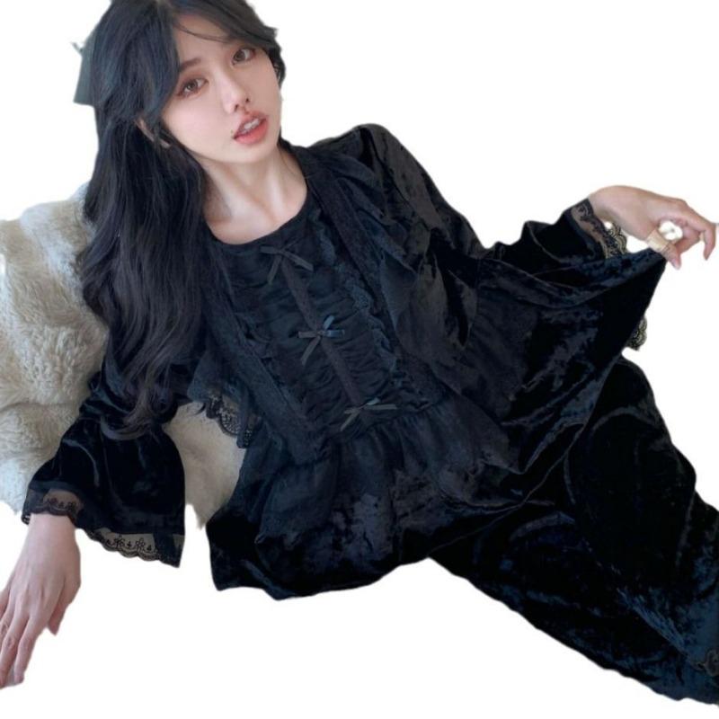 New Style Fall and Winter Sweet Lace Court Style Pajamas Female Set Canary Velvet Warm Loungewear Pajamas for Women Sleepwear