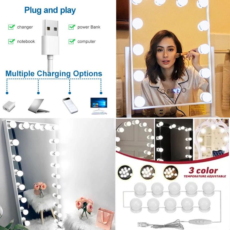Makeup Mirror LED Light Bulbs Vanity Lights USB Charging Bathroom Dressing Table Lighting Dimmable LED Vanity Mirror Light