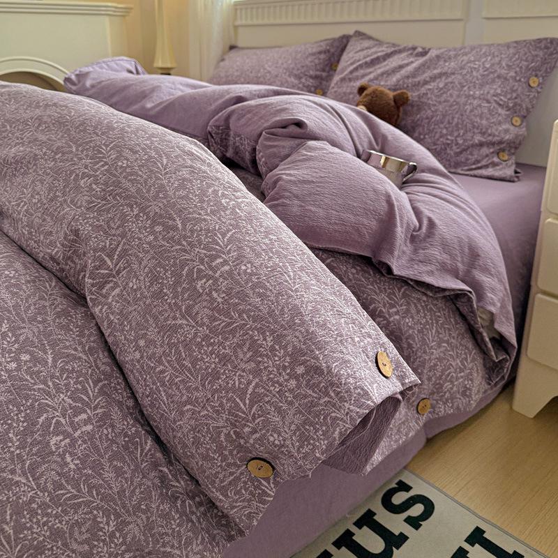 Retro Floral Linen Bedding Set: Autumn & Winter 4-Piece with Button Duvet Cover & Sheet