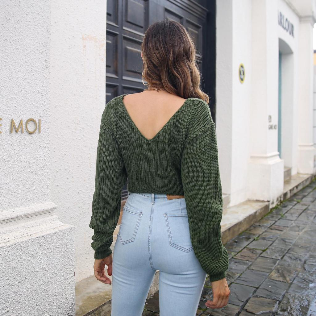 Balloon Sleeve Sweater Women Solid Color Cropped Knotted V Neck Autumn Winter Sizes S to L