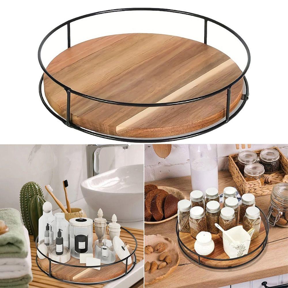 360 Degree Rotating Wooden Turntable Organizer Large Capacity Convenient Spice Jar Storage Tray Versatile Space Saving