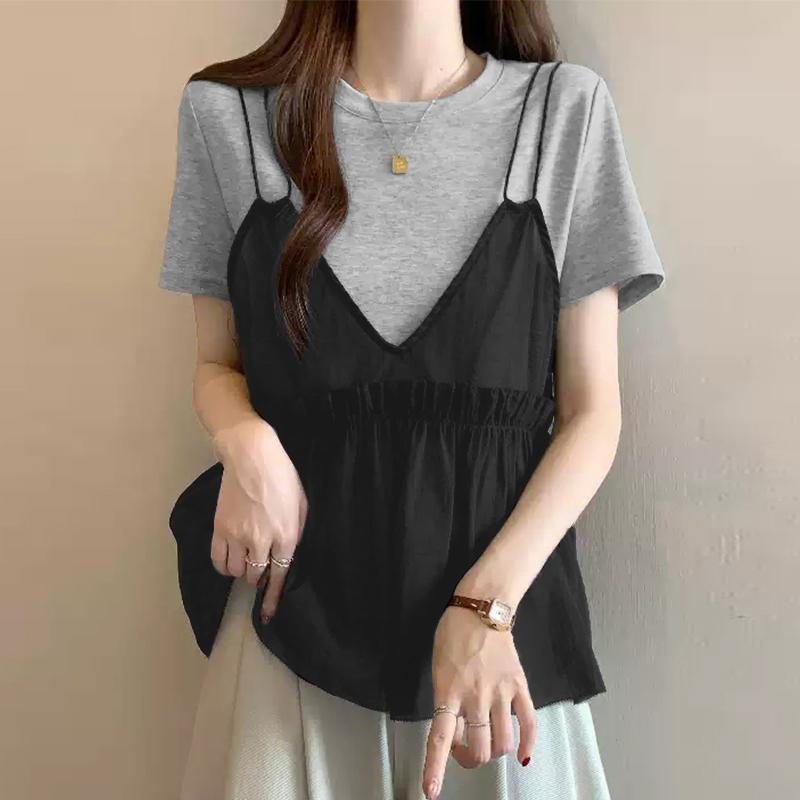 

ZANZEA Women Casual Round Neck Fake Two Piece Splice Short Sleeve Blouse M серый