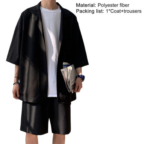 JK Suit Solid Color Loose Design Two Pieces Trendy Men Coat Shorts Suit for Daily Life