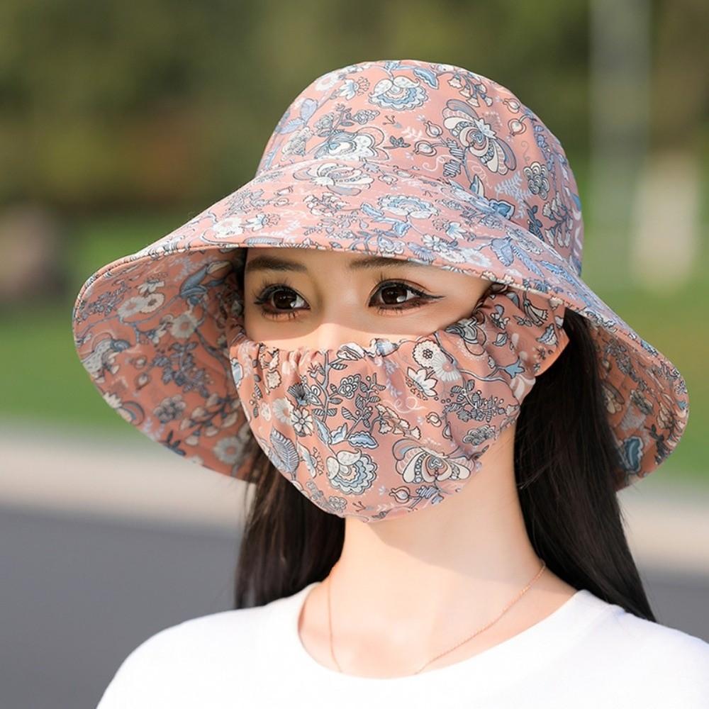 Fashion Floral Tea Picking Cap Wide Brim Anti-UV Agricultural Work Hat Neck Protection with Mask Sun Visor Cap for Women