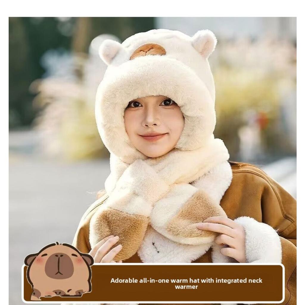 Herbst und Winter Neue Mütze, Niedlicher Damen-Plüschschal Einteiler, Warme Reit-Ohrenschützer-Mütze