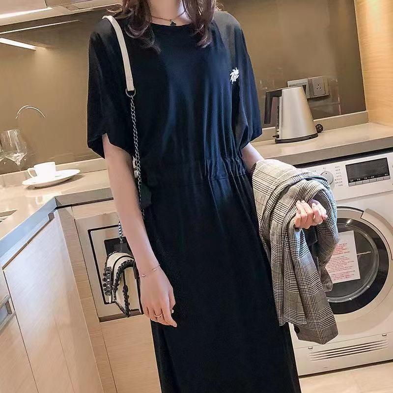 Korean Style Summer Plus Size T-Shirt Dress with Tie Waist and Knee-Length Skirt