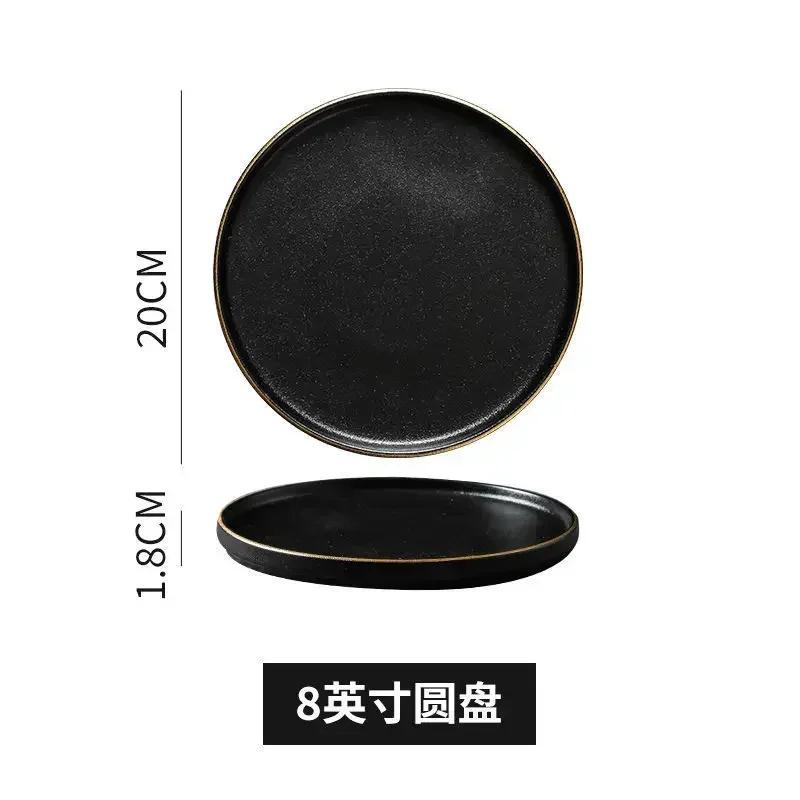 Flat Ceramic Western Dish Household 8-inch Black Non Slip Steak Plate Restaurant Commercial White Circular Pasta Tableware