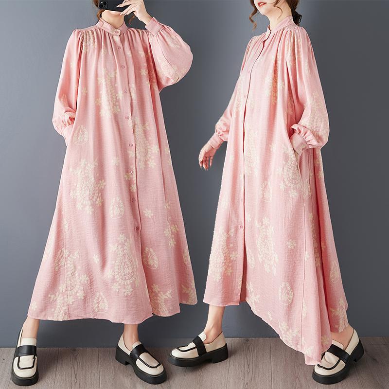 

DIMANAF Spring Autumn Plus Size Women Shirt Dress Long Sleeve Pink Print Floral Fashion Lady Loose Casual 2026 one size