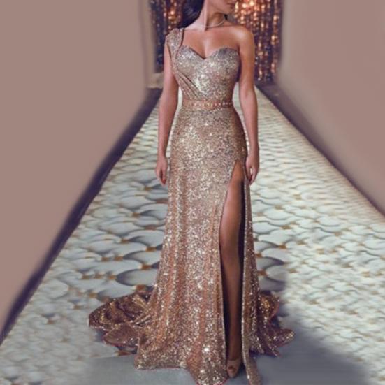 Club Party Women Sexy Plus Size Sequined One Shoulder Split Maxi Evening Dress