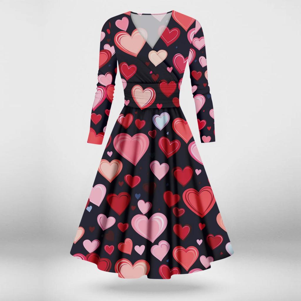 Damenmode, lässig, Valentinstag, bedruckt, langärmelig, V-Ausschnitt, sexy Kleider