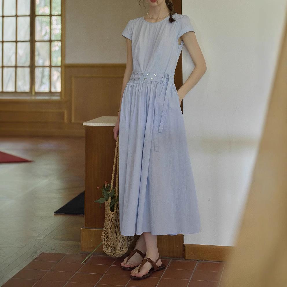 Blue Waist Skirt Simple Casual Short-sleeved Dress Female Summer Cotton A Line Skirt
