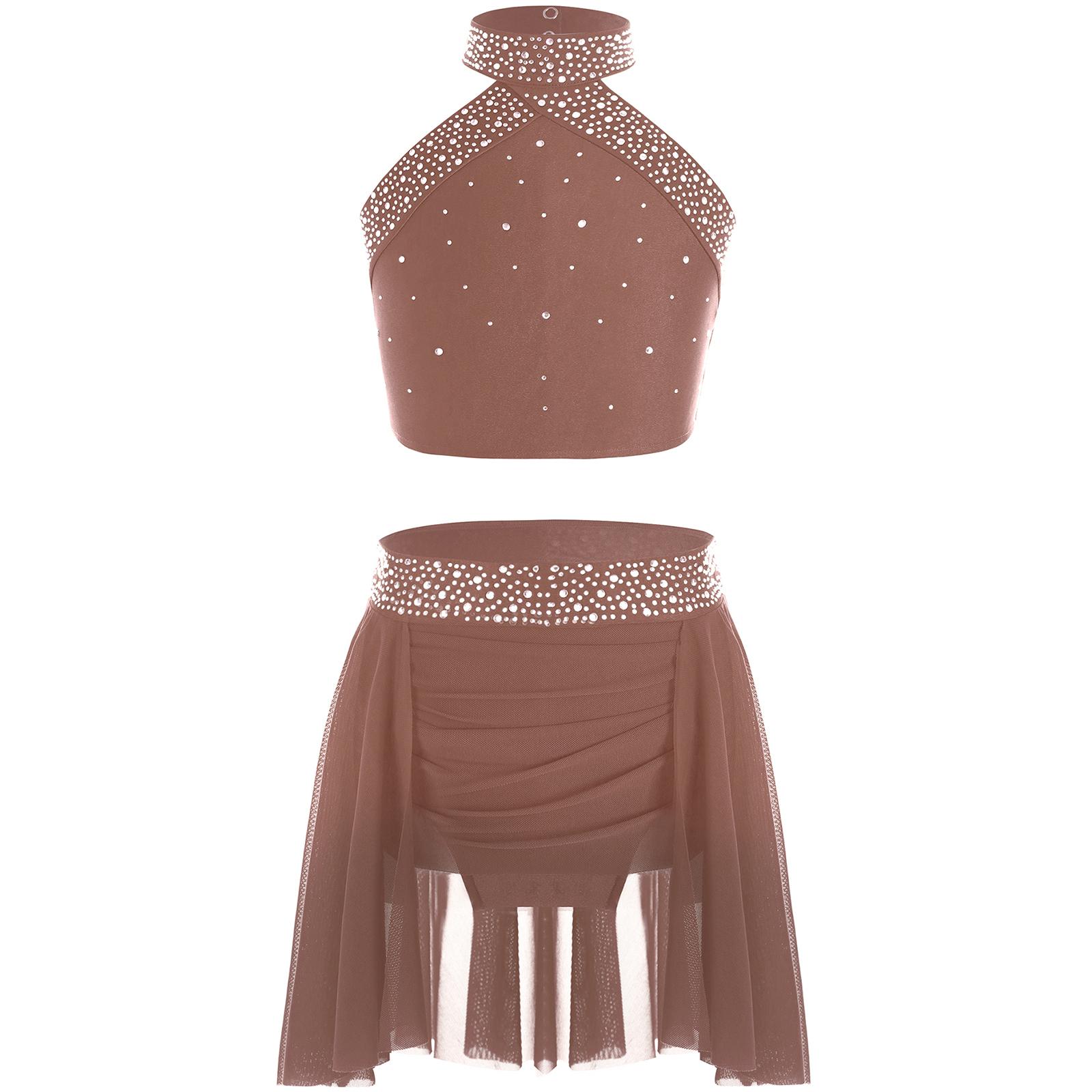 

Girls Sparkly Rhinestones Dance Outfit Halter Neck Sleeveless Backless Cross Back Vest Ruched Irregular Skirt Dance Costume 5-6 Years коричневий