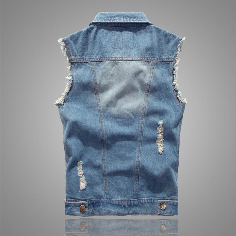 New Spring Autumn Vintage Design Men's Denim Vest Male Black Sleeveless Jackets Men Hole Jeans Waistcoat 6XL