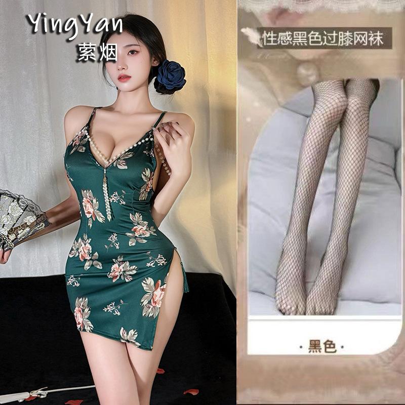 Lingyan erotic underwear sexy high waist split fork tight cheongsam of the Republic of China pure desire printing bead string cheongsam style clothing