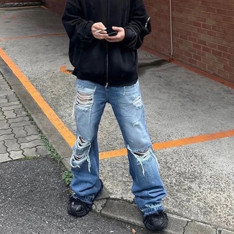 DRIPX Distressed Vintage Hole Ripped Blue Flare Jeans Pants for Men and Women Streetwear Casual Baggy Denim Trousers Oversized Cargos