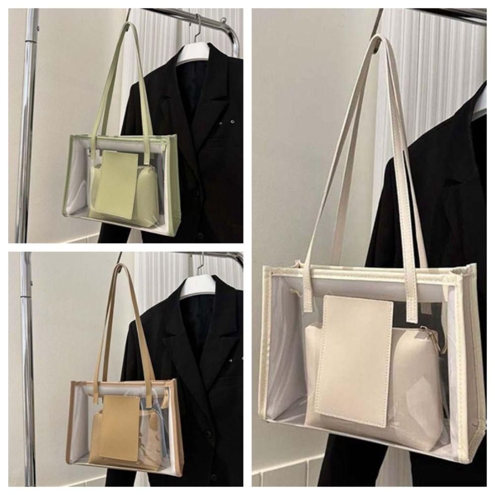 2pcs/set Elegant Transparent Jelly Bag PU Leather Handbag Clutch Bag Clear PVC Shoulder Bag Travel