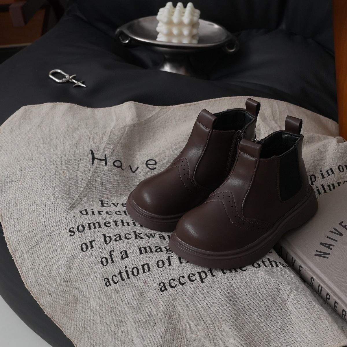 

XSHX Детские кожаные ботинки Vintage Chelsea Осень и Зима Флис для мальчиков и девочек Британские рыцарские ботинки 247019 25