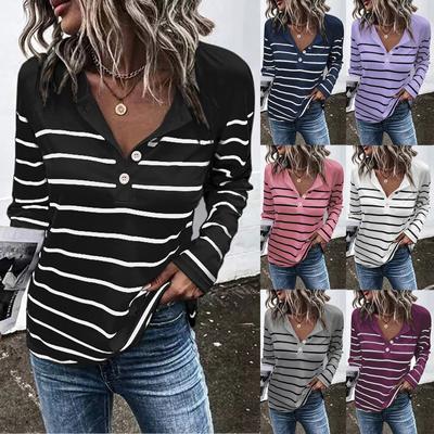 Dames Casual Gestreept Rond Hals Knopen Casual Losse Lange Mouw T-shirt