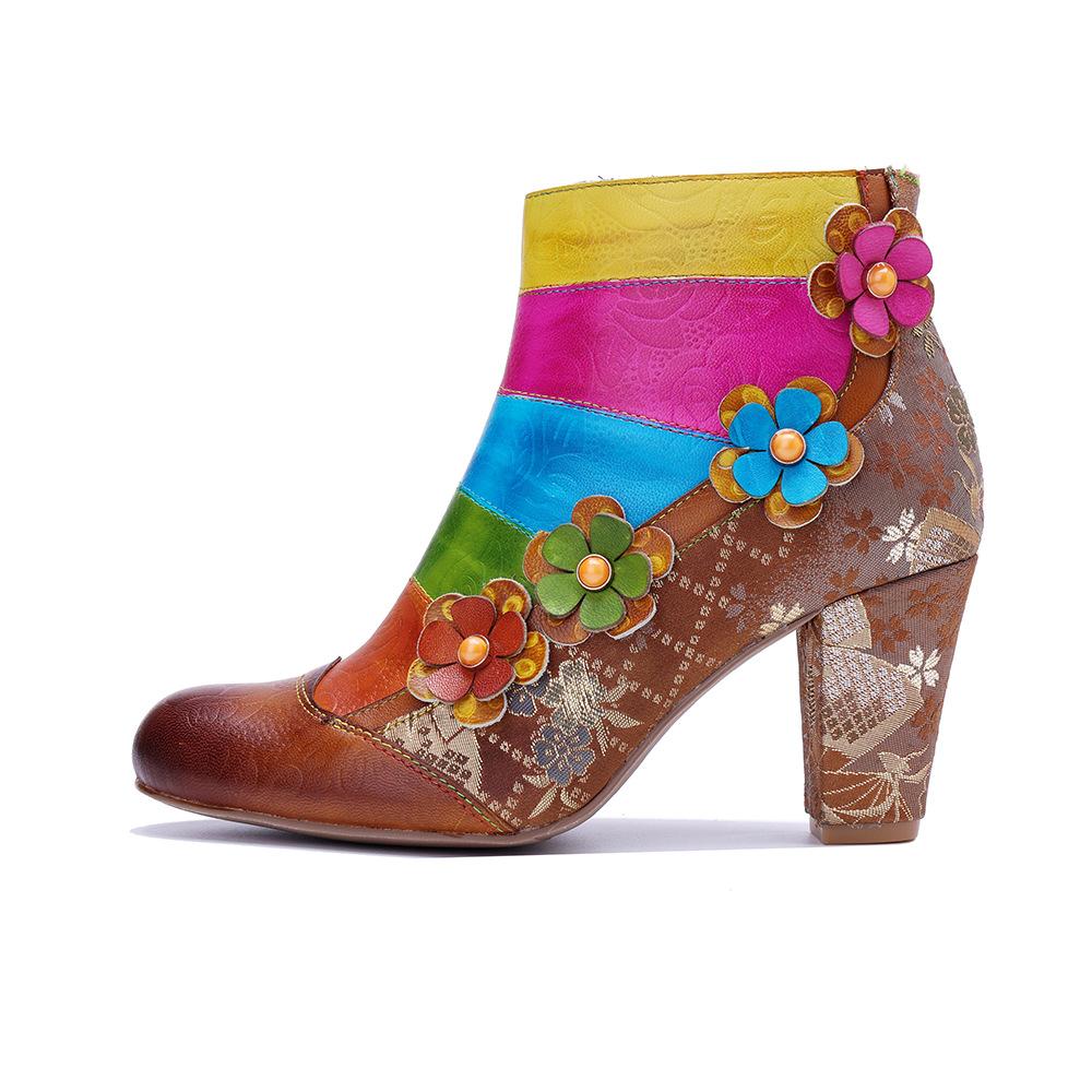 Johnature Genuine Leather Printed Short Boots Fashion Mixed Colors Flower Side Zipper Women's High Heels