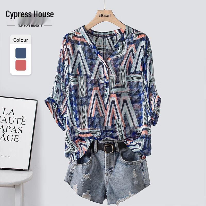 Women s V-Neck Geometric Print Loose Casual Shirt L