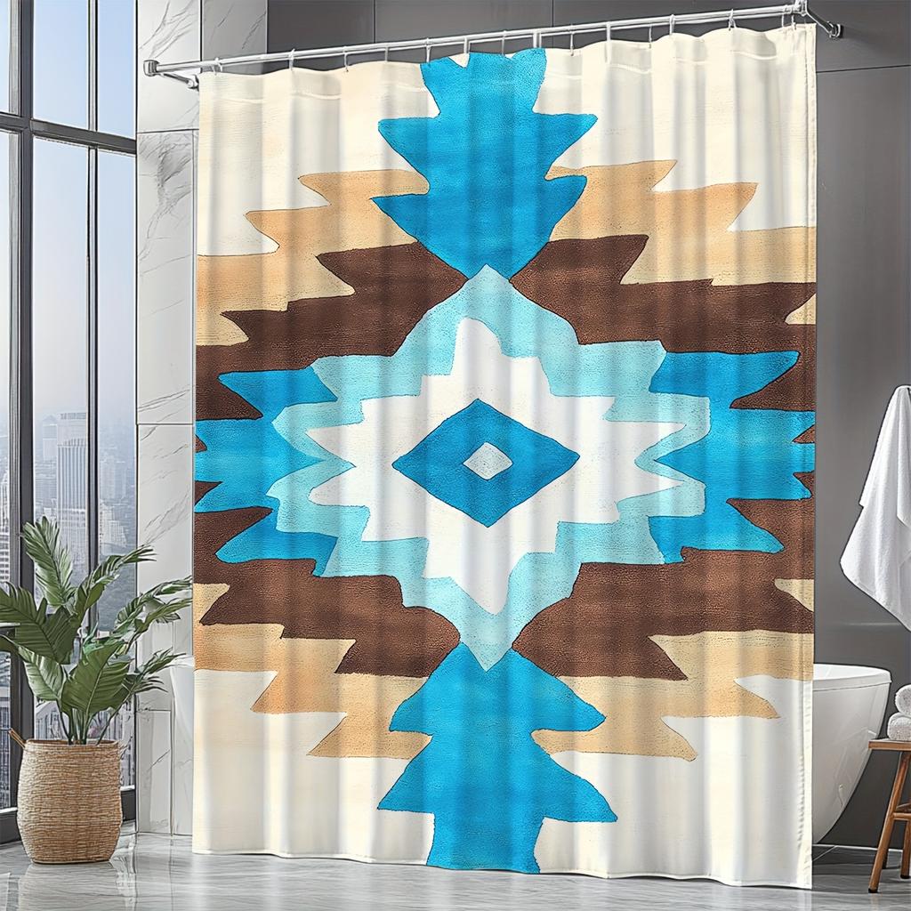 Aztec Geometric Shower Curtain - Blue & Brown Pattern, Polyester, Washable, Hooked, Southwestern Bath Decor