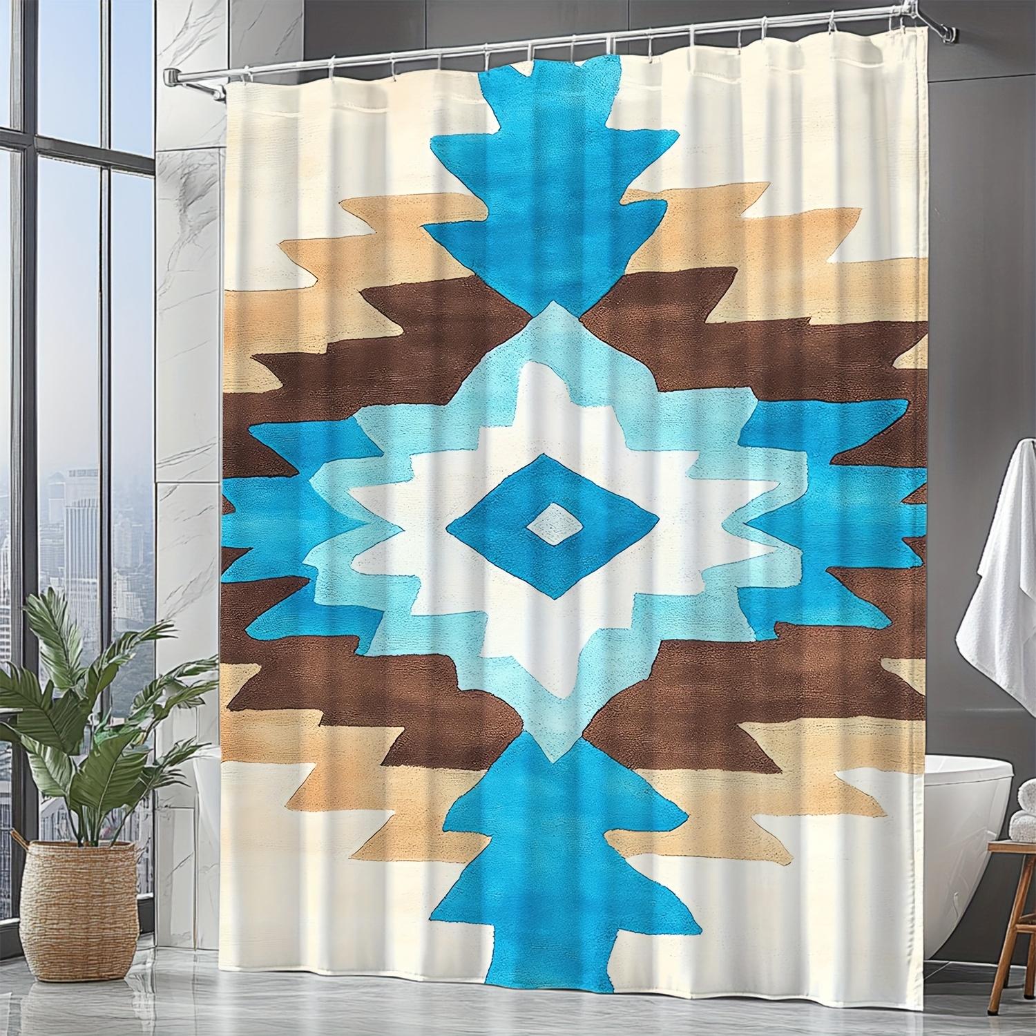 

Aztec Geometric Shower Curtain - Blue & Brown Pattern, Polyester, Washable, Hooked, Southwestern Bath Decor W60H190(CM)-1 Pcs