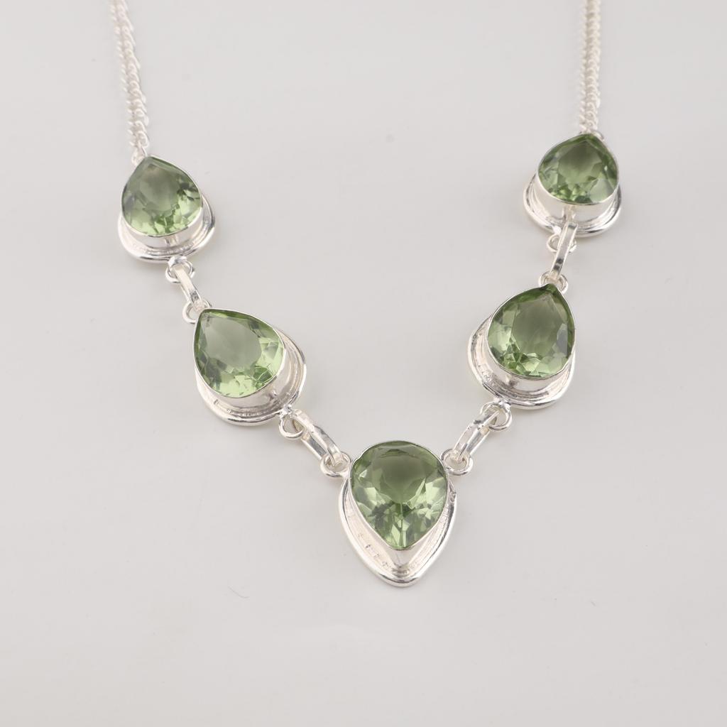 Green Amethyst Gemstone Silver Necklace 925 Sterling Silver Handmade Necklace For Women RN-1-12