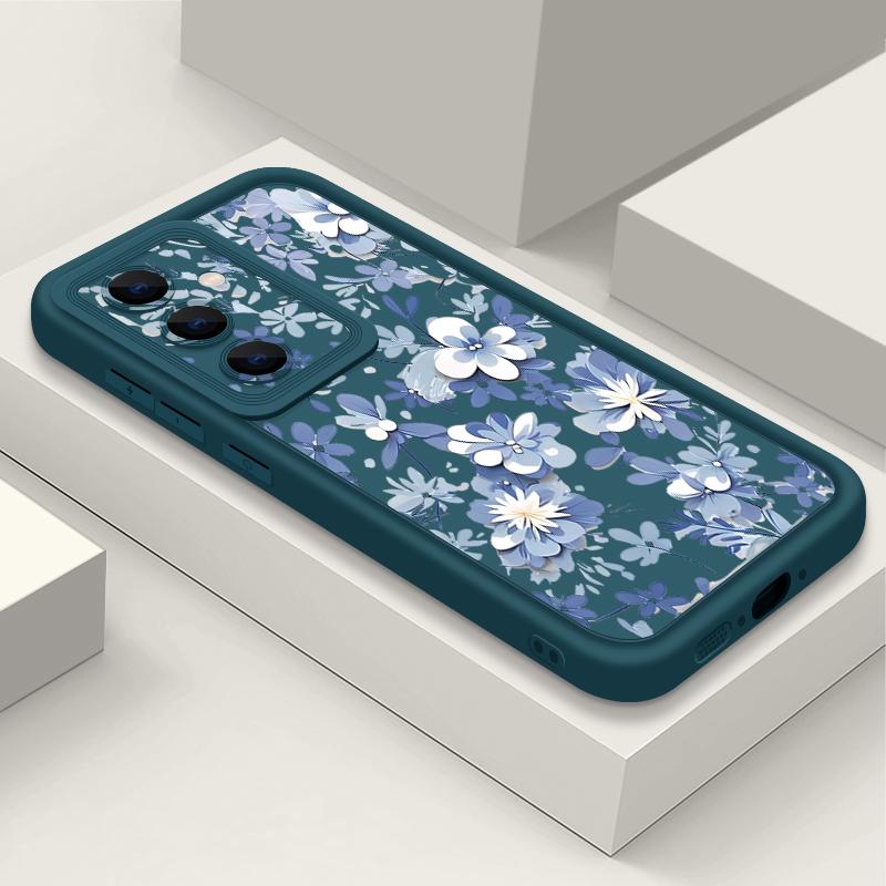 Blue and White Flowers Case For Samsung Galaxy A57 A37 A17 A56 A36 A26 A16 5G A55 A35 A15 A54 S21 FE S22 S23 S24 Plus S25 Edge S26 Ultra Cover