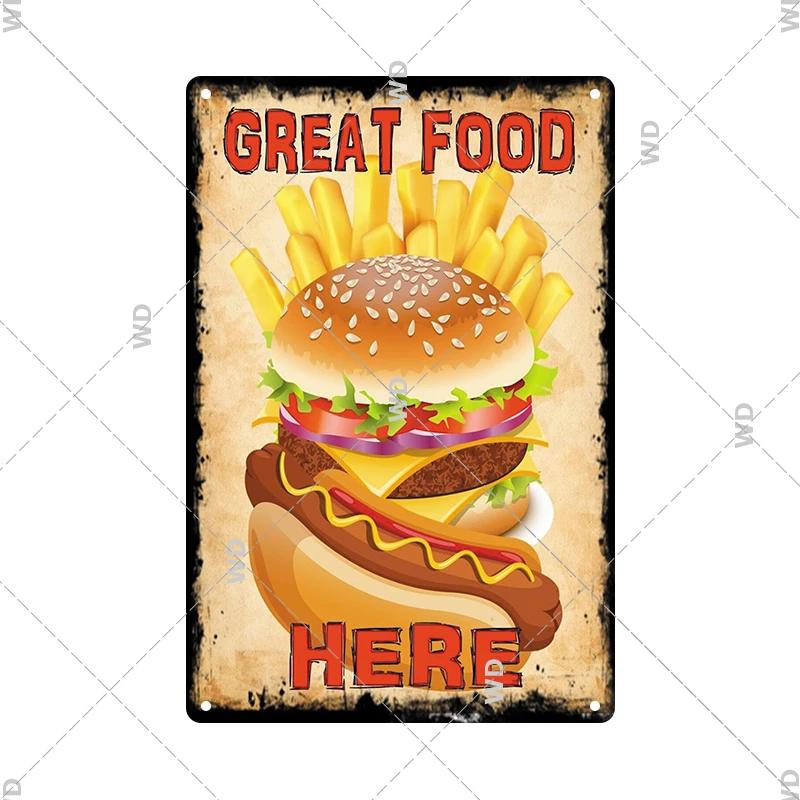 Panneau en étain pour hamburgers, frites, HotDogs, FastFood, Plaque métallique rétro Vintage, affiche en métal, Pizza BBQ pour décoration murale de cuisine