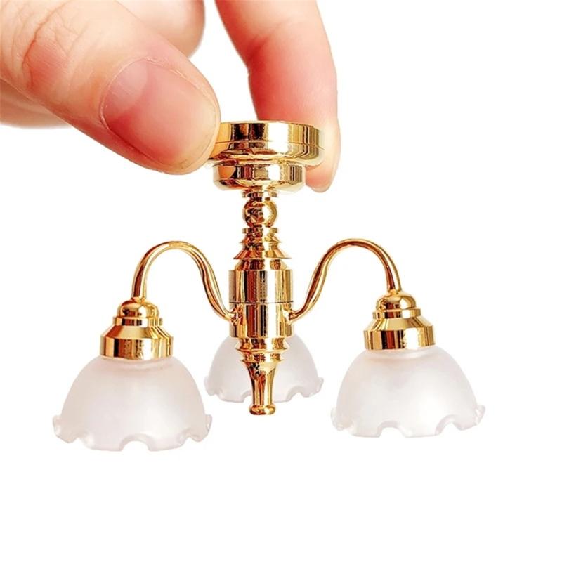 1/12 Dollhouses Chandelier 3 Head Ceiling Lamp LED Light Model with Gold Base Designs for Living Room Scene Decors