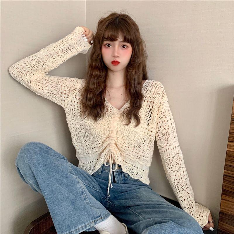 Topuri tricotate pentru femei în stil coreean, primăvară, vară, cu decolteu în V, cu șnur, plisate, scurte, de culoarea bomboanelor