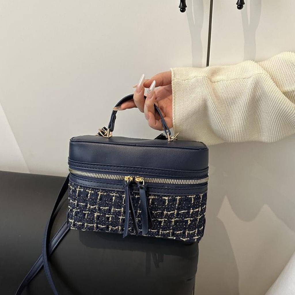 Woolen Material Small Square Bag With Chain Strap For Women Stylish Plaid Design Handbag