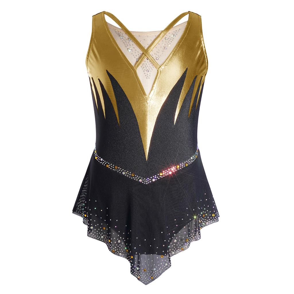 Girls Gymnastics Figure Skating Dress: Sleeveless Cross Front Mesh Patchwork Sparkling Rhinestone Color Block with Built-in Briefs
