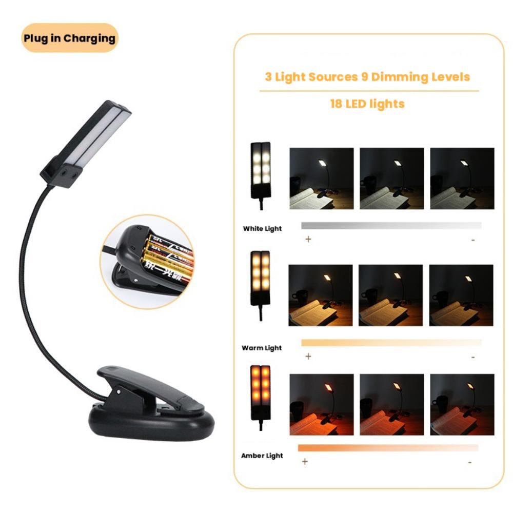 Durable Black LED Clip Light USB Rechargeable With 18 Lights Music Stand Light Portable Music Sheet Lamp Bedroom