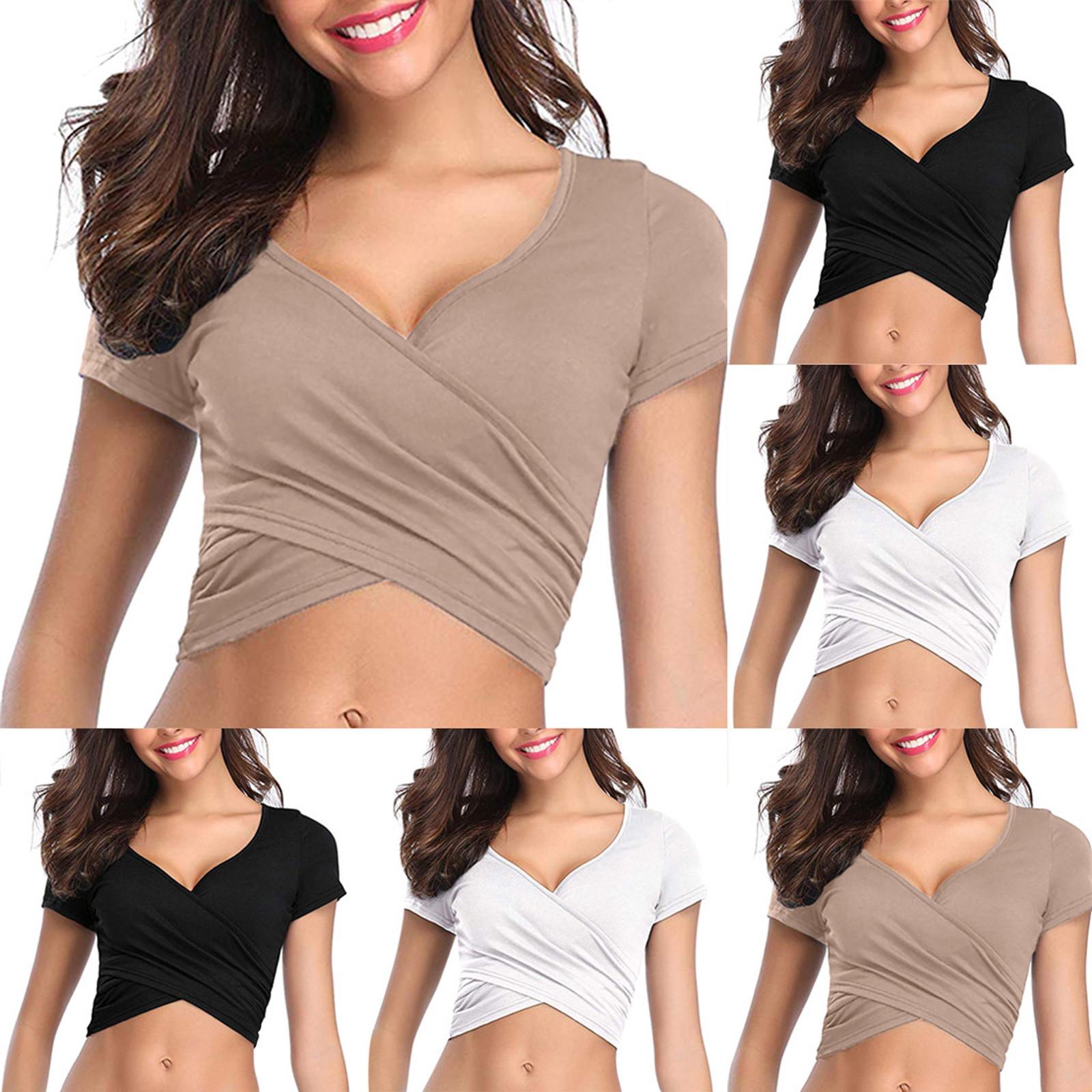 

Women Deep V Neck Short Sleeve Unique Slim Fit Coss Wrap Blouse Crop Tops S чёрный