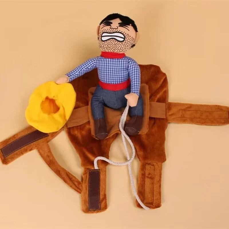 Pet funny horseback riding transformation costume, cowboy knight, golden retriever Teddy, creative sand sculpture and funny dog
