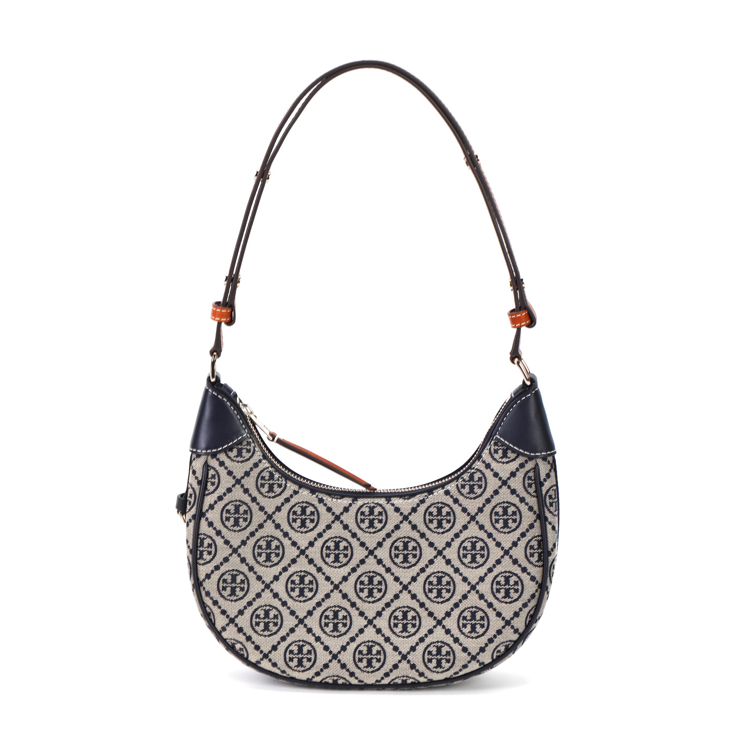 Tory Burch Women's Blue T Monogram Logo Print Zipper Closure Leather Crescent Bag Handbags Navy- 158513-405