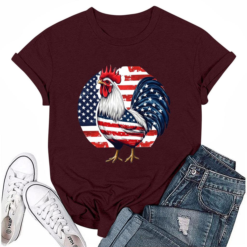 חולצת טי שירט קז'ואל לנשים עם צווארון עגול ושרוולים קצרים מודפסת ליום העצמאות