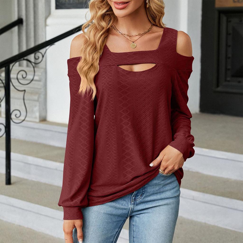 Women's Fashionable Color Loose Round Neck Long Sleeved Off Shoulder Pullover T-shirt Top