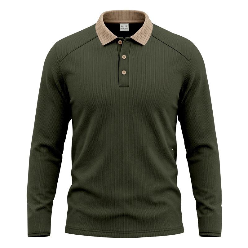 Mens Casual Color Block Long Sleeve Polo Shirt Wrinkle Resistant Breathable Jacquard