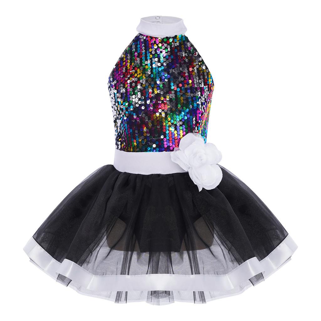 Girls Shiny Sequins Layered Tulle Ballet Dance Dress Sleeveless Cutout Back Tutu Dress Built In Briefs Skirt