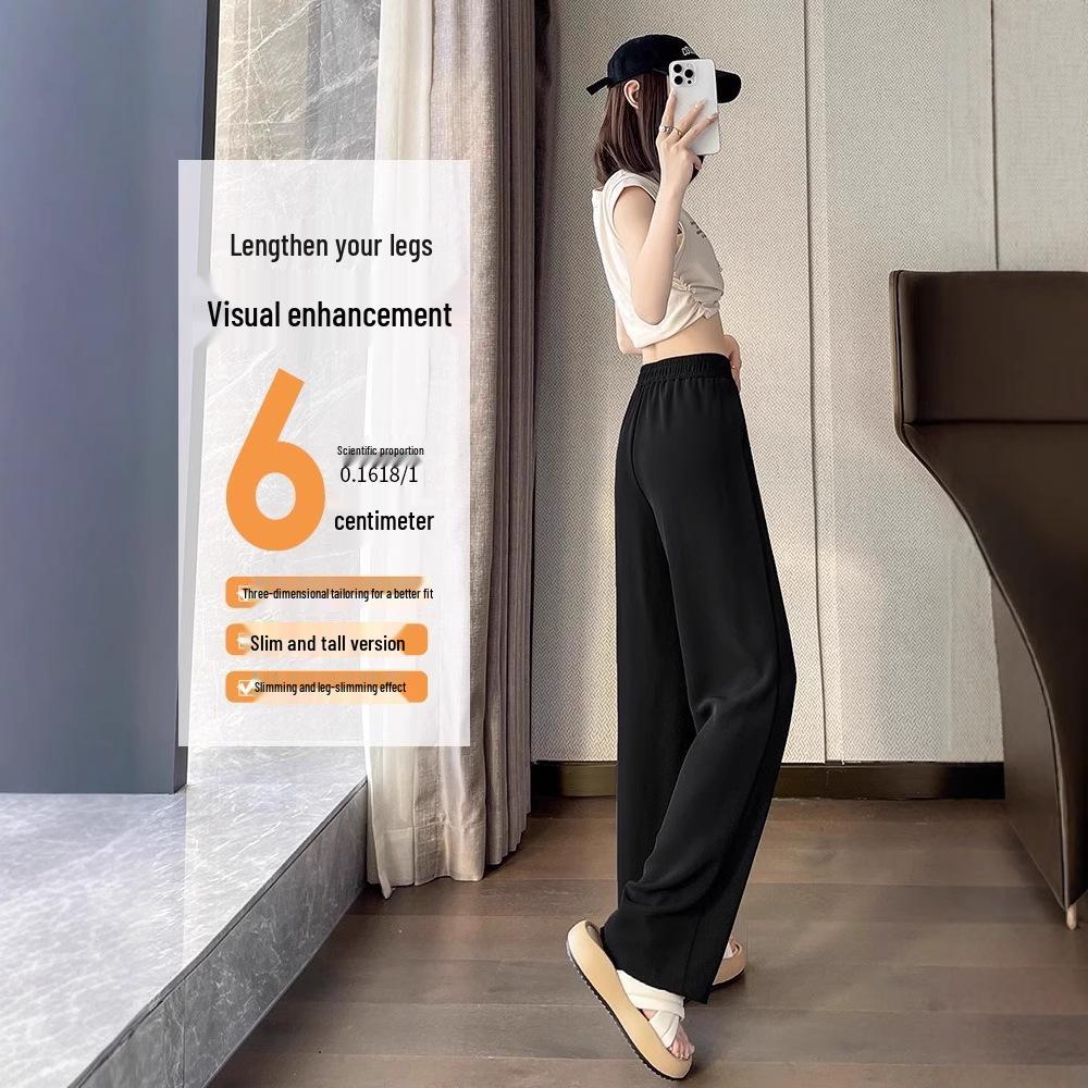 Pantaloni negri de vară cu talie înaltă și picior larg pentru femei - Lungime până la podea, croială lejeră, material drapat