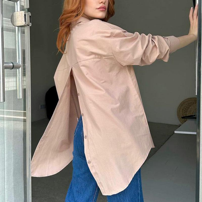 European and American Women's Solid Color Long-Sleeve Back Slit Loose Shirt - Autumn 2023 Fashion.