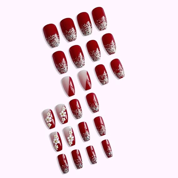 Designer Fake Nails Extension Wine Red Color with White 3D Flower & Golden Pearls 24 Pieces Set with Manicure Kit