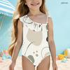 Girls One Shoulder Ruffle One Piece Marble Printed Swimsuit
