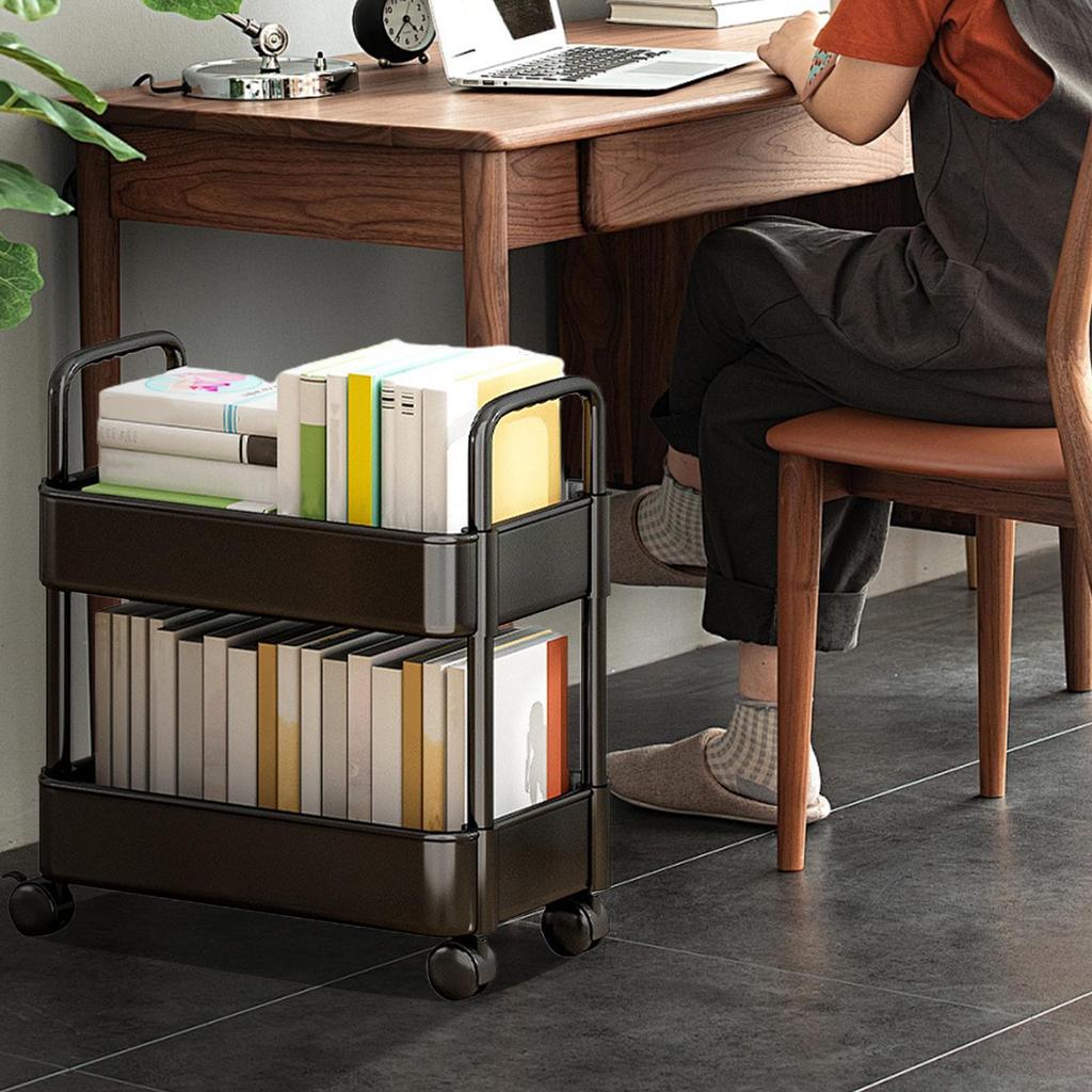 2-Tier Movable Bookshelf Cart with Wheels Multi-Purpose Storage Rack for Books Toys Snacks Household Mobile Organizer