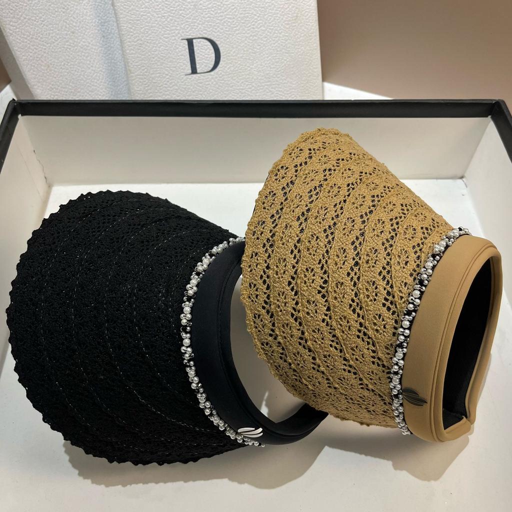 Summer Headless Sun Hat Women'S Small Fragrant Wind Sweet Pearl Lace Double Layer Ice Silk Anti-Ultraviolet Empty Top Hat