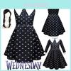 Wednesday Addams Dress Wig Cosplay Costume For Kid Girl Halloween Xmas Party