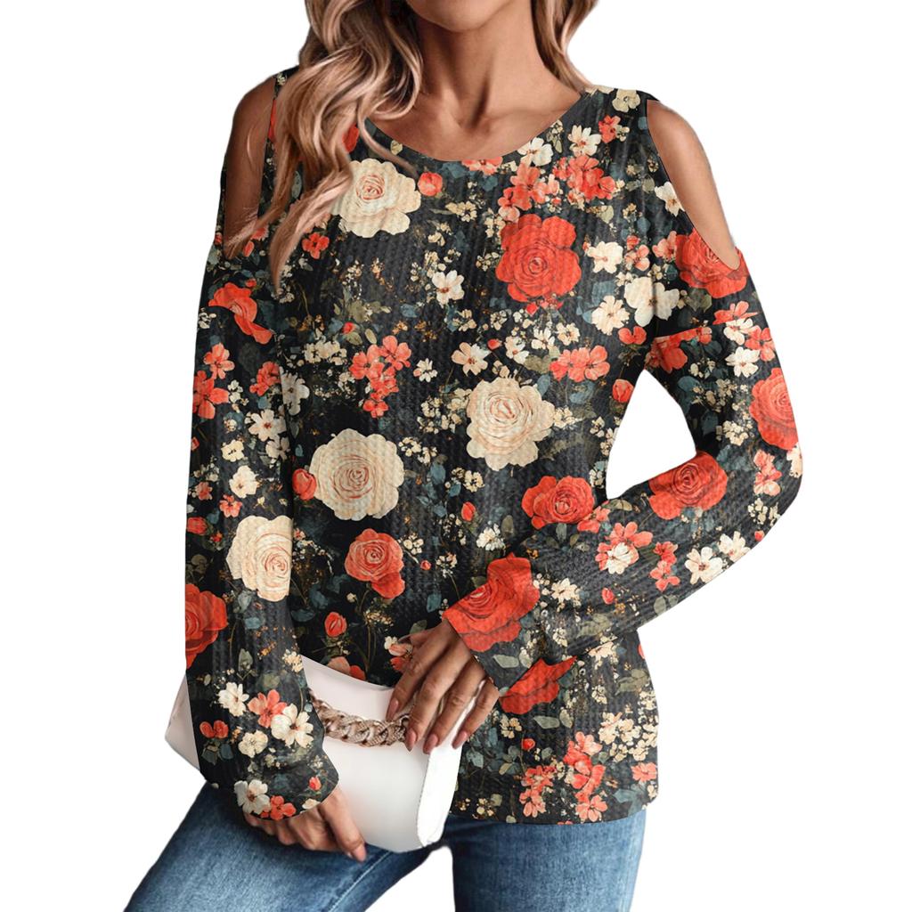 Women's /Winter Oversized T-Shirt Fashionable Off-the-Shoulder Round Neck Vintage Floral Print Pullover Long-Sleeved Top